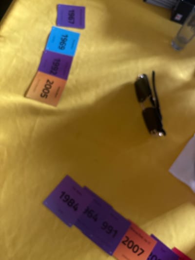 On a golden surface, possibly a tablecloth, scattered items include a pair of sunglasses, various printed cards displaying years (1967, 1969, 1992, 2005, 1984, 991, 2007), and a bottle with a black object to the side. The location is unspecified and there is no evidence of being Cuernavaca, Mexico.