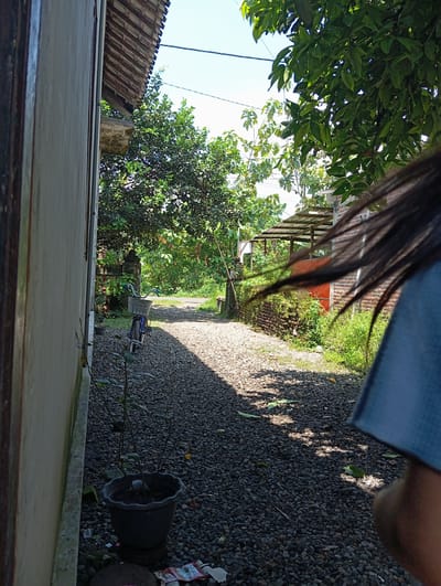 The image depicts a narrow alleyway or pathway in Baron, Indonesia. The pathway is covered in small gravel. Overhanging trees and foliage create shadows along the path. A bicycle is visible further down the pathway. A potted plant sits on the right side of the frame near a wall. A person is partially visible at the top of the frame, with hair and blue clothing present. The image appears to be taken from a low angle, potentially from a doorway or opening. The environment seems to be a mix of residential and natural settings.