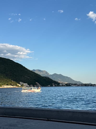 A long shot captures a picturesque scene along the coast of Jošice, Montenegro, under a clear blue sky dotted with scattered white clouds. In the foreground, a concrete barrier separates the viewer from the deep blue, slightly rippled water. A white boat with a red stripe and the name "Alexandra" emblazoned on its side is navigating the bay, carrying several passengers visible on its deck. The boat is moving from left to right.

The background features a densely forested green mountain slope rising dramatically from the water's edge, with a scattering of buildings nestled along its base and further up the incline. Beyond this, a range of larger, rugged mountains stretches across the horizon, their peaks softened by distance. A town or village is visible along the coastline, with buildings clustered together, hinting at a vibrant community. The lighting suggests it is either early morning or late afternoon, with the sun casting a gentle glow on the landscape.