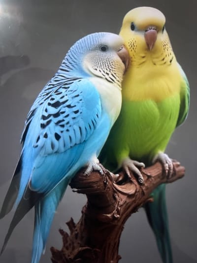 The image features two budgerigars perched on a branch. One budgie is predominantly yellow with green accents, while the other is a vibrant blue with black markings. They are positioned close together, with the yellow budgie above and slightly to the left of the blue budgie. The branch they are on is brown and appears textured, possibly resembling driftwood or a decorative artificial branch. The background is a soft, neutral gray, which helps the colorful birds stand out. There is no visible text in the image. The lighting appears to be soft, suggesting an indoor setting or an overcast day. The overall impression is one of natural beauty and tranquility, showcasing the distinct patterns and colors of the two birds.