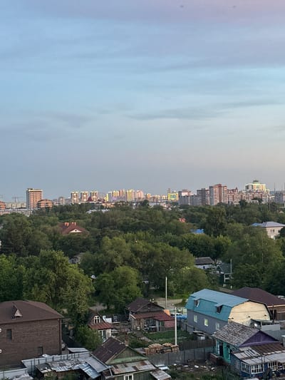 The image depicts a panoramic view of Blagoveshchensk, Russia, at dusk. In the foreground, a cluster of residential buildings, characterized by their diverse architectural styles and rooftop materials, are visible amidst lush greenery. These structures range from single-story homes with corrugated metal roofs to multi-story dwellings with more modern asphalt shingles. A prominent brick building with a dark brown roof dominates the lower left of the frame, showcasing a triangular dormer.
Moving towards the middle ground, a dense forest separates the immediate residential area from the city's skyline. Several smaller, older structures with weathered roofs and wooden fences are interspersed within the trees. One building stands out with a striking blue, mansard-style roof and dormer windows.
In the background, the distant cityscape of Blagoveshchensk rises against the twilight sky. Modern high-rise apartment buildings and office complexes, illuminated by streetlights and building lights, form a distinct urban silhouette. Some of these structures display vibrant, colorful lighting, creating a luminous contrast with the darkening sky. The sky itself is a gradient of soft blues and purples, with faint clouds suggesting the transition from day to night. The overall scene captures the juxtaposition of a developing urban center with its surrounding natural and older residential environments.