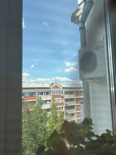 The image depicts a view from a window in Blagoveshchensk, Russia. The scene is dominated by a bright blue sky with scattered white clouds. In the foreground, a portion of a building's exterior wall is visible, on which an outdoor unit of an air conditioner, branded "LG," is mounted. A downspout runs vertically along the wall. Beyond this immediate structure, a multi-story apartment building with red brick and grey concrete sections is seen. Trees with green foliage are situated in front of the apartment building. The rooftop of the apartment building features multiple chimneys and what appear to be ventilation shafts. The overall impression is an urban residential environment on a clear day.