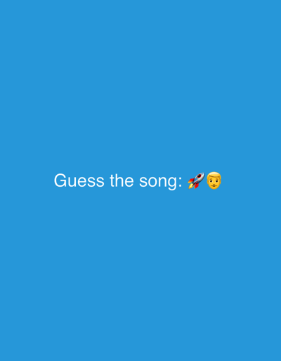 The image contains text and emojis on a blue background. The text reads "Guess the song:". To the right of the text are a rocket emoji and a face emoji. The background is a solid, bright blue color. The image does not contain any information about the city of Oeiras, Portugal, nor does it depict any people, objects, actions, interactions, or environmental details relevant to a specific location.