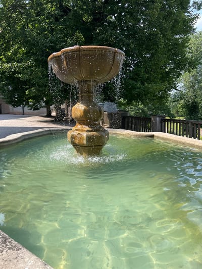 A stone fountain with water flowing from its basin into a pool is situated in a courtyard in Náchod, Czechia. The fountain has a tiered pedestal and a wide, ornate basin. The water in the pool is a light green color and appears somewhat murky. In the background, there are large, leafy trees casting shadows on a paved area and a wooden fence. A building with light-colored walls is partially visible to the left. The scene is set on a clear, sunny day.