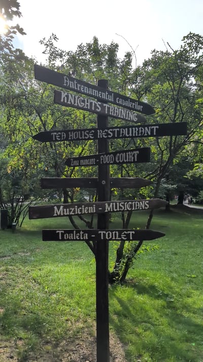 This image depicts a directional signpost made of dark wood, with multiple signs pointing in various directions. The signs are painted with white, gothic-style lettering. The text on the signs is in both Romanian and English.
From top to bottom, the signs read:
1. "Antrenamentul cavalerilor" (Knights' Training)
2. "TEA HOUSE RESTAURANT"
3. "Zona mancare - FOOD COURT"
4. (Blank sign)
5. "Muzicieni - MUSICIANS"
6. "Toaleta - TOILET"
The signpost is located in an outdoor setting, likely a park or a tourist attraction, with lush green grass and trees surrounding it. Sunlight filters through the leaves of the trees, casting shadows on the ground. In the background, there are hints of other people walking along a path. The overall atmosphere is serene and natural. The signpost's design and the presence of "Knights' Training" suggest a theme that might be related to medieval history or a historical reenactment site. Based on the context of Predeluț, Romania, this signpost is likely found at a tourist attraction within or near the town.