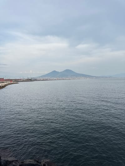 The image depicts a wide view of the Bay of Naples, Italy, under an overcast sky. In the foreground, dark, textured rocks form the edge of the land, leading into the calm, dark blue water. The middle ground shows a rocky breakwater or pier extending into the bay, with a red lighthouse or buoy visible on its edge. Beyond the breakwater, a large port area is identifiable with numerous cranes and industrial buildings, including a red structure on the left. In the distance, the city of Naples stretches along the coastline, dominated by the imposing silhouette of Mount Vesuvius, a stratovolcano, rising in the center of the frame. The overall atmosphere is subdued due to the cloudy weather. There are no people or animals visible in the frame.