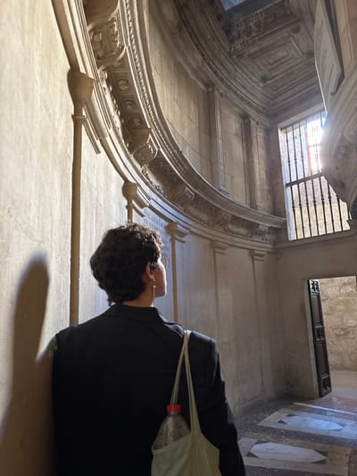 An indoor scene shows an individual in a black suit, facing away from the camera, positioned against a textured, pale wall. A translucent bag with a visible bottle hangs from their shoulder. Elaborate, curved architectural details and moldings frame an open ceiling area, partially covered by a barred window allowing sunlight to stream in. Adjacent to the opening, a section of patterned tile floor is visible.