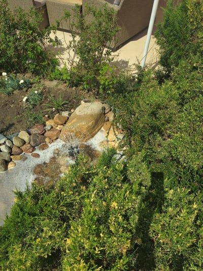 A small, tiered garden water feature is visible in the foreground, with water cascading over a large, smooth, tan-colored rock. The water creates foam as it flows over a collection of various-sized, rounded river stones. Green, coniferous shrubs with yellow-tipped foliage are prominently featured on the right and bottom of the frame. In the background, to the left, are green leafy bushes and some small white flowers. A light-colored patio area and outdoor furniture are visible in the upper background. The scene is set in the city of Yagoda, Bulgaria.
