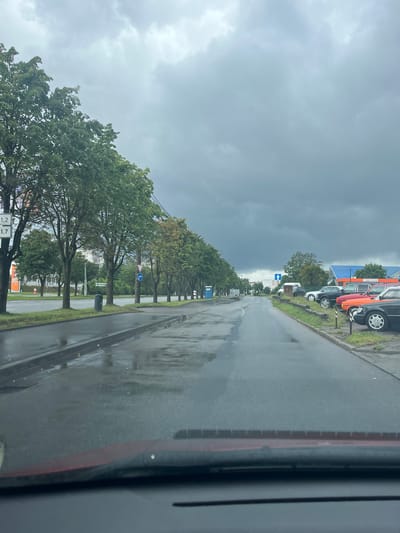 A grey, overcast sky looms above a street lined with trees on the left and parked cars on the right. The street and sidewalk are wet, indicating recent rain. On the left side of the street, a row of trees with green foliage stands tall, bordering a sidewalk with a trash receptacle and a signpost. Further down the street on the left, buildings and another signpost are visible. On the right side of the street, several cars are parked along the curb, including a black Mercedes, an orange car, and a red car. In the background, a blue building with orange accents, labeled "AUTOBOSS," can be seen. The image appears to have been taken from inside a vehicle, looking forward through the windshield. The scene depicts a typical urban environment in Kaliningrad, Russia, under inclement weather.