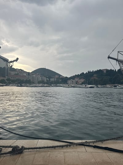 The image captures a view of the Gruž Harbor in Dubrovnik, Croatia, under a cloudy sky. The foreground features a tiled walkway with thick ropes secured to cleats. The water in the harbor is choppy, with visible raindrops creating ripples. A large ship or boat is partially visible on the left, and a mast and rigging from another vessel are on the right. Across the water, a hillside is densely covered with green trees, dotted with buildings and some white structures. A prominent hill rises in the background, topped with a small structure. A marina filled with numerous boats is situated along the waterfront.