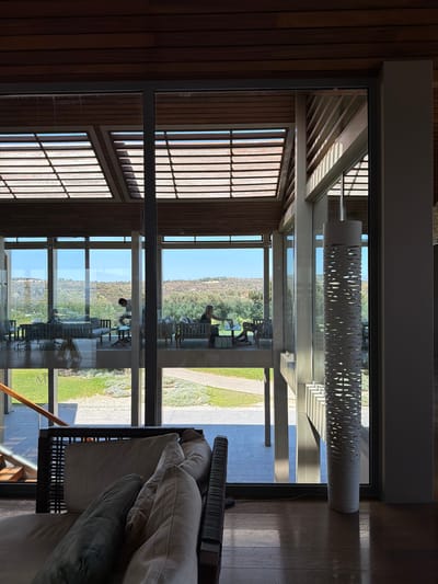 The image depicts an interior view of a modern building with large windows looking out onto a sunny, landscaped exterior. The interior features a dark wood ceiling with slatted wooden panels, a contemporary floor lamp with a textured cylindrical shade, and a portion of a light-colored sofa with several cushions in the foreground. Through the expansive windows, the exterior reveals a well-maintained garden or lawn area, with a paved walkway visible. Beyond the garden, rolling hills covered in sparse vegetation and scattered trees form the background under a clear blue sky. Several individuals are visible through the glass, appearing to be seated or moving within an open-plan area on the exterior or a covered patio. The scene suggests a tranquil and luxurious setting, likely in a resort or private residence, consistent with the location in Tsada, Cyprus, which is known for its scenic landscapes and upscale properties.