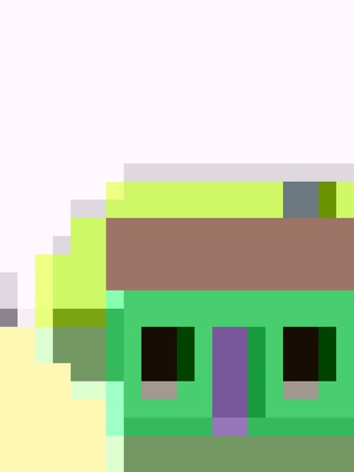 The image depicts a pixelated cartoon of a small green house with a brown roof. It has two dark windows and a purple door. A patch of light-yellow land is visible in front of the house. The background is largely white with some other pixelated elements. It's not possible to determine the location of this image in Mountain View, United States, or even if it is intended to be there, based on the image content.