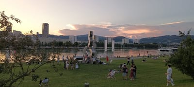 This image depicts a sunset scene in Linz, Austria, likely at the Donaupark or a similar riverside recreational area. The sky is filled with soft, warm colors, indicating the sun is low on the horizon. In the background, a cityscape with modern buildings, including a prominent tall tower, lines the riverbank. Beyond the city, rolling hills form a scenic backdrop.
The foreground is a well-maintained grassy area where numerous people are gathered. They are engaged in various leisure activities: some are sitting in lawn chairs, others are picnicking on blankets, and a group appears to be dancing. There is also a large, abstract metal sculpture on the grass.
Along the river, a passenger boat is docked, and more people are visible on the embankment. Flags with text, possibly indicating a tour or event, are planted in the ground near the river. The water reflects the warm hues of the sunset. Trees, some with visible branches and leaves, are scattered throughout the park, framing parts of the scene. The overall atmosphere is one of a peaceful evening gathering by the Danube River.