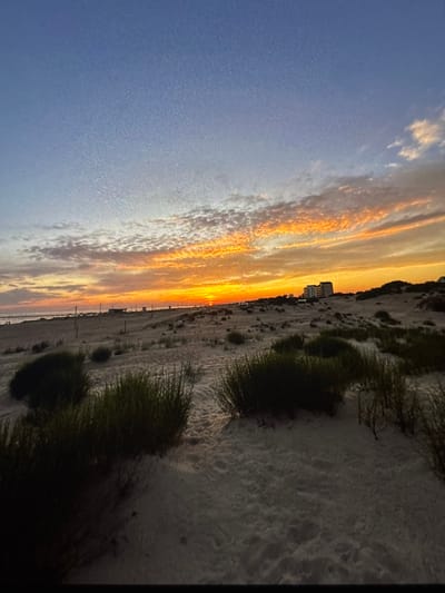 The image depicts a natural coastal landscape at sunset. The sky is a gradient of blue and orange, with scattered clouds illuminated by the setting sun. The foreground consists of sandy terrain with sparse vegetation, appearing as low-lying bushes or grasses. In the background, there is a body of water that appears to be the sea, with a distant structure that could be a pier or a bridge. Further inland, a multi-story building, possibly a hotel, is visible on a slight elevation. The scene is devoid of any people or discernible activity, presenting a tranquil, untouched environment. The location is identified as Vityazevo, Russia.