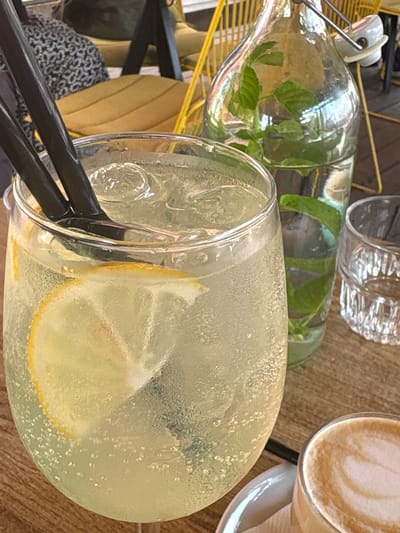 This image shows a close-up view of a refreshing drink with a slice of lemon and ice, served in a clear glass with two black straws. The drink appears to be a sparkling beverage due to the visible bubbles. In the background, a glass bottle filled with water and mint leaves is visible, suggesting it might be infused water or a drink accompaniment. To the right, a cup of coffee with latte art is present, indicating a cafe or restaurant setting. The overall scene suggests a relaxed setting, possibly during daytime given the lighting. The surfaces appear to be made of wood, contributing to a casual and natural ambiance. There is no visible text in the image. The location is Kragujevac, Serbia.