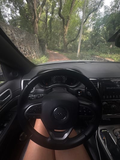 The image depicts the interior of a Jeep, focusing on the steering wheel, dashboard, and windshield view. The steering wheel, emblazoned with the "Jeep" logo, occupies the foreground. The dashboard features various buttons, displays, and the gear selector indicating "D" (Drive). Through the windshield, a view of a road or path surrounded by lush, dense greenery is visible. A stone wall can be seen to the left of the road. The image suggests a drive through a wooded area. It is located in Canada de Madero, Mexico.