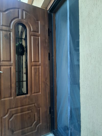 The image shows the top portion of a brown, paneled door with a decorative window. Above the door, a thin, blue mesh screen is stretched across the opening. The screen appears to be a mosquito net, possibly installed to prevent insects from entering. The door itself has a wood-grain texture and features raised paneling in a classic design. The window is rectangular with a black frame and contains a metal grate. Through the window, a reflection shows a ceiling with lights and possibly some hanging plants. The wall above the screen is textured and light-colored, suggesting it's part of an exterior wall. The scene appears to be outdoors, possibly at the entrance of a building, under daylight. The context provided places the location in Lviv, Ukraine. There is no visible text in the image.