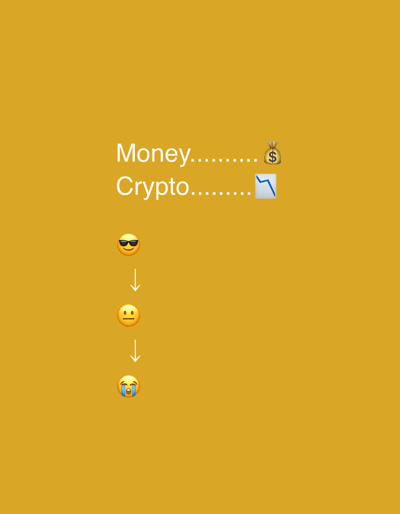 The image displays a yellow background with white text and emojis. At the top, the words "Money.........." are followed by a money bag emoji with a dollar sign, and "Crypto.........." is followed by a downward trending graph emoji. Below this, there are three emojis arranged vertically, connected by arrows pointing downwards. The first emoji is a person wearing sunglasses, followed by a neutral face emoji, and finally a crying face emoji. There are no discernible locations in Męcina, Poland.