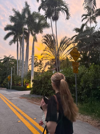 A young woman with blonde hair in a ponytail walks away from the camera on a road lined with palm trees and lush vegetation. She is wearing a black t-shirt and carrying a phone and a bag. Two yellow lines are painted on the asphalt road, indicating it is a two-lane road. Traffic signs are visible on the right side of the road. The sky is a mix of pink and orange hues, suggesting either sunrise or sunset. The overall setting appears to be a tropical or subtropical environment, consistent with a location in Miami, Florida, USA.
