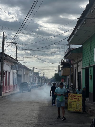 In León, Nicaragua, a dusty street is filled with a thick haze, likely from a vehicle. The street is lined with buildings, some painted white with red accents, others green. A sign for "Carniceria Genesis" stands on the right, displaying prices for various cuts of meat. Several people are walking on the sidewalk and in the street, some appearing to be customers and vendors. A black Toyota pickup truck is parked in the street, emitting the smoke. The sky is overcast with heavy clouds. The scene depicts a typical day on a busy street in a Nicaraguan city.