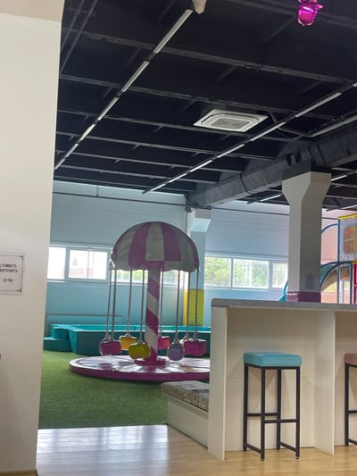 This image shows an indoor children's play area. In the center of the frame, a carousel with pink and white striped canopy and suspended seats in purple, yellow, and green colors is visible. The carousel is on a circular pink platform surrounded by green turf. To the right, a counter with a light blue stool is present. In the background, large windows offer a view of trees and daylight. Above, the ceiling features exposed black beams and fluorescent lighting. On the left side of the image, a white wall has a sign with Russian text. The area appears to be clean and well-lit, suggesting it is a public or commercial establishment. The location is identified as being in the city of Donskoye, Russia.