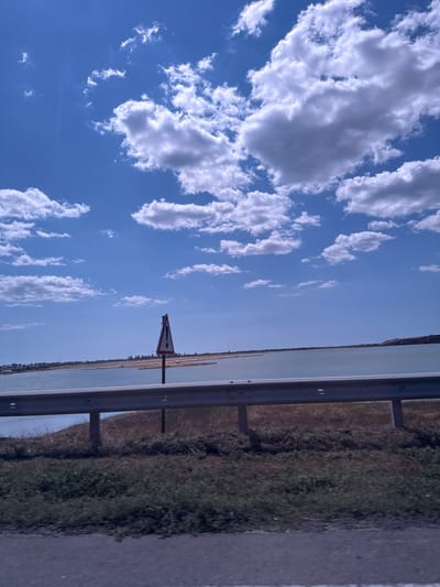This image captures a roadside view of a body of water, possibly a lake or estuary, under a bright blue sky filled with scattered white clouds. In the foreground, a metallic guardrail runs horizontally across the frame, separating the road from the grassy embankment and the water beyond. A warning sign, triangular with a red border and a black exclamation mark on a white background, is prominently placed on a pole to the left of the guardrail. The water is a light blue-green color, and the distant shore is lined with trees and appears to have some structures. The overall impression is of a scenic, perhaps slightly remote, location on a clear day. The image was taken from a moving vehicle, as indicated by the slight motion blur in the foreground. There is no indication that this location is in Koshary, Ukraine.