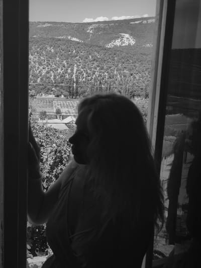 A black and white photograph depicts a female figure in partial silhouette, positioned inside a structure and looking out a window at a sunlit landscape. The woman occupies the lower-right and central portions of the frame. Her profile is visible, facing left, with her head turned to observe the exterior scene. She has long, wavy hair, illuminated by backlighting, creating a halo effect. She wears a thin-strapped garment and a visible necklace. Her left arm is bent, with her hand resting on a dark vertical window frame element on the left side of the image. A bracelet is visible on her left wrist. The right side of her body and the interior space are deeply shadowed. To the right of the woman, a dark, reflective surface, possibly a glass pane or mirror, shows distorted reflections of the interior and possibly parts of the woman.
Beyond the window, a expansive, hilly landscape under a bright sky with scattered clouds is visible. The hills are densely covered with vegetation, primarily trees and shrubs, particularly a large, dark mass of foliage on the dominant hill in the mid-ground. A distinct lighter patch of sparsely vegetated or rocky terrain is visible on the upper-left slope of this hill. Multiple horizontal power lines traverse the middle distance. Below the power lines and extending towards the foreground, agricultural fields or vineyards arranged in rows are discernible. A small house with a pitched roof and a chimney is visible amidst the vegetation in the lower-mid ground, slightly to the left of center. Directly outside the window and below the woman's arm, dense foliage with large leaves is present. The scene is located in Терновский округ, Ukraine.