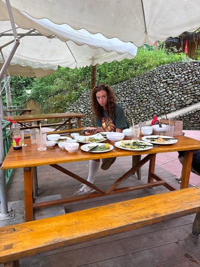 A young woman with curly brown hair and sunglasses perched on her head sits at a wooden table outdoors, looking at her phone. She is wearing a green t-shirt with a chicken design and white socks. The table is covered with dishes, bowls, glasses, and bottles of condiments. A dog can be seen partially behind the table on the right. The scene appears to be a restaurant or outdoor dining area in a rural setting, possibly Cổ Lũng Commune, Vietnam, with a stone wall and lush greenery in the background.