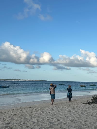 Two individuals stand on a sandy beach, facing the ocean. The person on the left wears a collared shirt with brown and light blue panels, patterned shorts, and a yellow hat. They are looking to their right, with their right hand raised to their face as if taking a photograph. The person on the right wears dark clothing and a straw hat, with a patterned blue and black sarong or skirt. They are looking towards the ocean. The water is blue with white waves breaking near the shore, and several small boats are visible on the water. In the distance, a thin strip of land with vegetation can be seen. The sky is blue with scattered white clouds. The beach is composed of light-colored sand with some debris on the right side.