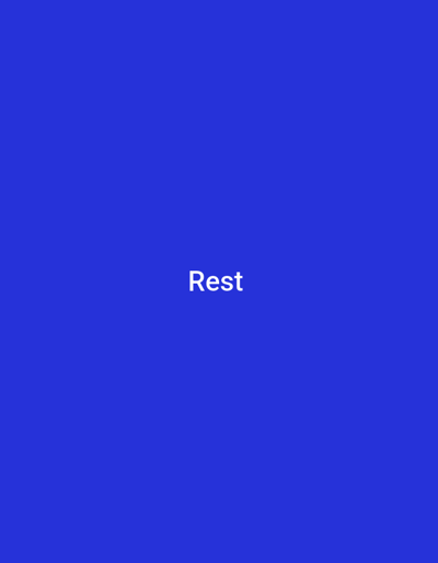 The image is a minimalist digital composition with a solid, vibrant royal blue background. Centered on the screen, in a clean white font, is the single word "Rest". The text is evenly spaced and appears to be in a sans-serif typeface. There are no other objects, people, or discernible elements in the frame. The scene is abstract and likely intended as a screen saver, a simple message display, or a visual prompt. The overall impression is one of calm and simplicity, with the word "Rest" serving as the sole focal point against the expansive blue. There are no indicators of time of day, weather, or specific location cues beyond what is provided in the metadata (Homyel, Belarus), which doesn't translate visually into the image itself. The emotion conveyed is one of quietude or a suggestion to pause.