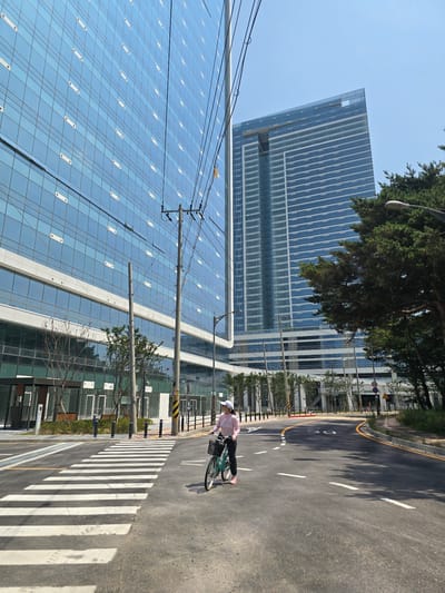 A woman rides a bicycle across a pedestrian crossing on a street in Pyeongtaek-si, South Korea. She is wearing a light pink long-sleeved shirt, dark pants, and a white hat. The bicycle is teal with a basket on the front. The street is paved and has yellow and white lane markings. In the background, there are two large, modern glass buildings, one significantly taller than the other. To the right of the street, there are trees and a lamppost. Overhead, power lines are visible against a clear blue sky. The scene appears to be a bright, sunny day.