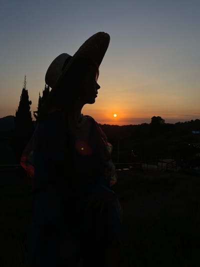 A silhouette of a woman wearing a wide-brimmed straw hat is captured against a sunset sky. She is seen in profile, facing the right side of the frame, with the sun, a bright orange disc, visible on the horizon. The background consists of dark, silhouetted trees and hills. In the foreground, there is dark vegetation. The image appears to be taken outdoors, possibly in a rural or natural setting, with a hint of artificial lights visible in the distance. The overall mood is serene and tranquil, typical of a sunset scene. The location is not specified in the image or description.