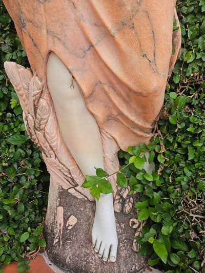 The image shows the lower half of a marble statue of a person, partially obscured by lush green foliage. The statue appears to be made of two different colored marbles: a pale, creamy white for the leg and foot, and a reddish-orange with dark veins for the draped fabric. The fabric is sculpted to show folds and creases, and it partially covers the left leg and the base. A wing-like or feathered element is visible carved into the base to the left of the leg. The statue stands on a rough, stone base that also features some carved details, resembling leaves or feathers. The environment is a garden or outdoor setting with dense green leaves and branches surrounding the statue and growing up around its base. A few dried brown leaves are also visible interspersed with the green foliage. The statue's foot is clearly visible, with sculpted toes. The scene is captured from a top-down perspective. The image is not specific to Na Chom Thian, Thailand, and no specific location information can be determined from the visual content.