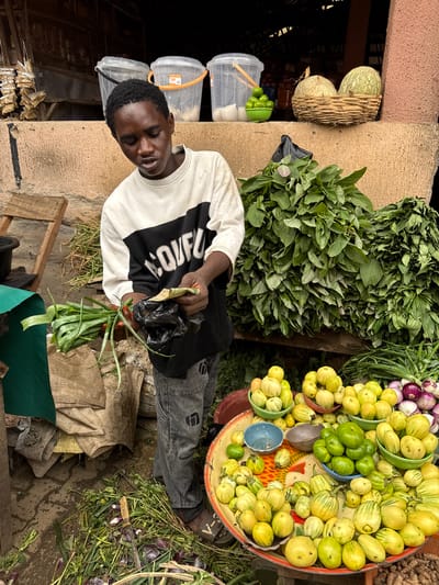 A medium shot depicts a man at a marketplace in Lugbe, Nigeria. He is fair-skinned with black hair, dressed in a black and white long-sleeved shirt, and gray jeans. He is packing leafy green vegetables into a black plastic bag. Around him are various produce items: a large tray filled with yellow and green striped eggplant, bundles of spinach-like greens, and other green vegetables. Two netted baskets containing produce are visible. There are also plastic containers with green and white items nearby. The ground appears to be dirt and pavement.