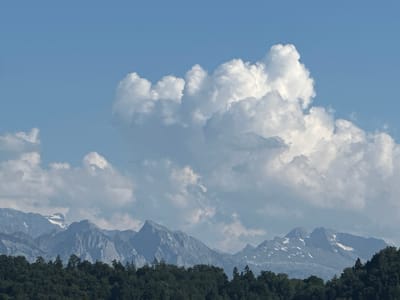 This is a landscape photograph capturing a majestic mountain range under a bright blue sky with dramatic, billowing clouds. The foreground is dominated by a dense, dark green forest. Beyond the forest, the rugged peaks of the mountains rise, some dusted with snow, indicating a higher altitude or cooler temperatures. The clouds, predominantly white and puffy, create a sense of depth and texture in the sky, with some appearing darker and more diffused, suggesting possible rain or moisture. The overall scene conveys a feeling of natural grandeur and the vastness of the wilderness. The lighting suggests it is daytime, likely late morning or early afternoon, given the bright sky and the way the light interacts with the clouds and mountains. There is no visible text in the image. The location is specified as Wald (ZH), Switzerland, which aligns with the mountainous terrain and lush forests depicted.