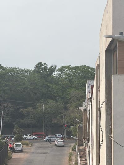 The image depicts a street scene in Villahermosa, Mexico. The view is oriented with the sky on the left, and the road and sidewalk on the right. Dense green trees line the left side of the road. On the right, a line of white cars is parked on the street, including at least one taxi. A red traffic light is visible further down the road. In the foreground, a building overhangs the scene. The environment appears to be urban with a mix of residential or commercial buildings and natural green spaces. There are people on the sidewalk near a white delivery truck.