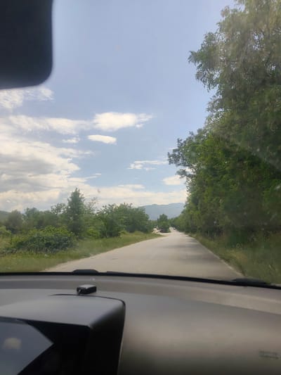 View from inside a vehicle driving on a paved road, lined with trees and vegetation on both sides. The road curves slightly ahead. Mountains are visible in the distance. The sky is partially cloudy. The image captures the perspective from the driver's seat, with part of the dashboard visible in the foreground. Based on the location given of Jeleznitsa, Bulgaria, the image is likely taken on a rural road outside the city.
