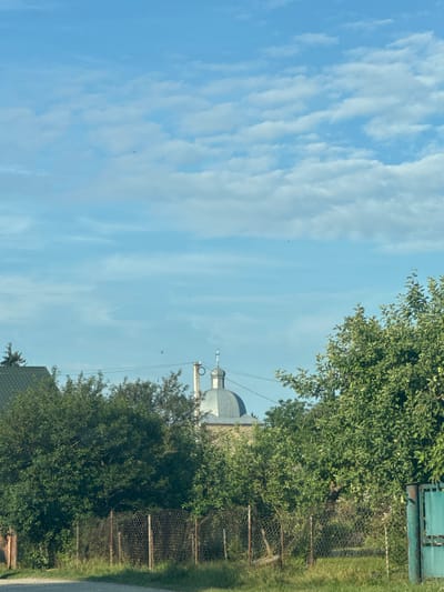 This image depicts a slightly overcast sky with wispy clouds, suggesting it is daytime. The scene is a mix of natural elements and man-made structures. On the right side, a lush green tree with dense foliage dominates the frame, partially obscuring a rustic wire fence and a grassy area. Beyond the fence, a small portion of a building with a grey, domed roof is visible, topped with a cross-like structure, hinting at a religious or historical building, possibly a church or chapel. A utility pole with wires runs vertically near the dome. The overall setting appears to be rural, with elements of nature and modest architecture. The lighting suggests it is likely late morning or afternoon. There is no visible text in the image.