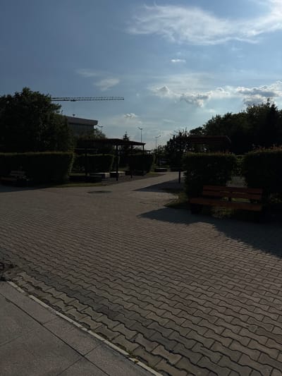 The image depicts an outdoor paved area with a sidewalk and a brick-patterned pathway. Several benches are visible, one in the foreground right, made of wood and metal, and another in the background left, also appearing to be made of wood and metal. There are also several covered seating areas with wooden benches and tables, surrounded by manicured hedges. Trees and bushes are present throughout the scene. In the background, a tall construction crane is visible against a partly cloudy blue sky. The lighting suggests it is daytime, with shadows cast by the structures and trees. The scene appears to be a park or public outdoor space within the city of Blagoveshchensk, Russia, possibly near a building or development area given the presence of the crane. No people are visible in the image.