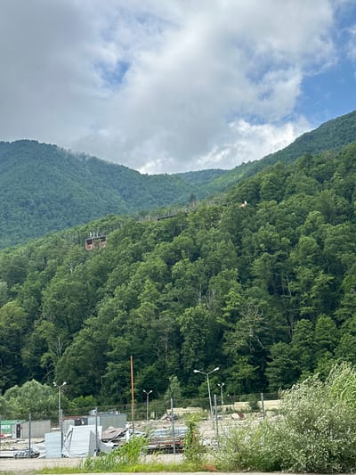 The image captures a scenic view of a densely forested mountainside in Krasnaya Polyana, Russia. The mountains are covered in lush green trees, with a cloudy sky partially obscuring the peaks in the distance. A narrow road or path runs along the base of the mountain on the right side of the frame. Along this path, there are several modern-looking structures, possibly small buildings or kiosks, and streetlights. The overall impression is one of a natural landscape with some man-made elements integrated into it. There is no clear activity or event taking place, and the image appears to be a still shot of the environment. The time of day is difficult to ascertain definitively due to the cloud cover, but the lighting suggests it is daytime. The weather seems overcast, with clouds filling a significant portion of the sky. There is no visible text in the image.