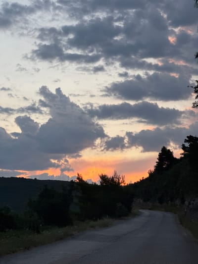 This media file shows a scenic view of a road bordered by lush vegetation and a dramatic sky at dusk. The road, which appears to be paved, curves gently into the distance on the right side of the frame. Dense, dark foliage, composed of trees and undergrowth, lines the left side of the road, creating a natural border. In the background, a hill is visible, covered in vegetation and silhouetted against the illuminated sky.

The sky is the most striking element, displaying a vibrant sunset. Thick, dark clouds dominate the left half of the sky, interspersed with streaks of soft, warm light in shades of peach and orange, indicative of the sun setting or rising. These colors create a beautiful contrast with the grayer tones of the clouds, suggesting a dynamic and atmospheric weather condition. The scene evokes a sense of tranquility and natural beauty, characteristic of a rural or mountainous landscape during the twilight hours. The time of day is clearly evening, as suggested by the sunset and the dimming light on the road and surrounding vegetation. No people or specific objects are visible, focusing the attention on the natural landscape and the sky. The location context of Višnjevo, Montenegro, suggests a Balkan setting, possibly a rural road within a hilly or mountainous region.
