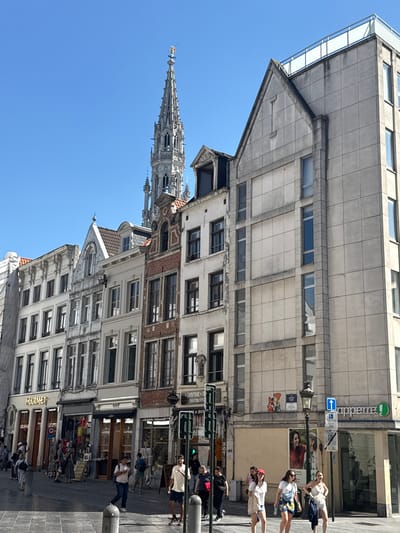 This is a vertical, eye-level, medium shot of a bustling city street scene in Brussels, Belgium. The image is dominated by the architecture of the buildings, with a mix of modern and older styles. The foreground features a bright blue sky, with a prominent Gothic spire of a church piercing the sky on the left side of the frame. The middle ground showcases several buildings lining the street. On the left, a large, modern building with a concrete facade and numerous windows stands tall. To its right, older buildings with classical architectural details and arched windows are visible.
The street level shows activity from pedestrians walking and browsing shops. Several people are captured mid-stride, some casually dressed, suggesting a pleasant, sunny day. The overall atmosphere appears lively and urban.
Several signs with text are visible on the buildings. One prominent sign reads "appeme!" with a green circular logo. Other signs include "GOURMET", "CALIFRERI", "LE COMPTOIR DE CHOCOLATE", and "CHOCOLAT". There are also street signs, including a blue directional arrow sign. The presence of a traffic light indicates a busy intersection.
The time of day appears to be daytime, likely late morning or afternoon, given the bright sunlight casting shadows. The weather seems clear and sunny, contributing to the vibrant appearance of the scene. The combination of historic and modern architecture, along with the lively pedestrian traffic, suggests a popular commercial or tourist area within Brussels.