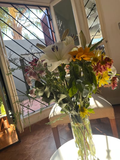A bouquet of mixed flowers sits on a surface indoors, possibly a table or windowsill, with a window in the background. The flowers include a large white lily with dark purple stamens, yellow sunflowers, orange daisies, and smaller pink and white flowers. Green foliage is interspersed among the blooms. The bouquet appears to be in a clear vase or wrapping.
The window behind the flowers has a decorative metal grille and allows a view of trees and buildings outside. Based on the distinctive architectural style visible through the window, this could be an exterior view of San Fernando del Valle de Catamarca, Argentina. The indoor environment is bathed in natural light, suggesting a daytime setting. The walls visible behind the flowers appear to be wooden. A white object, possibly a lamp or part of the furniture, is partially visible to the right of the flowers.