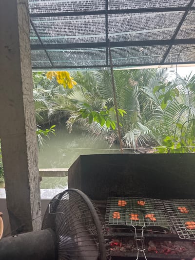 An outdoor scene is captured from a high angle, with a partial view of a grill. Food items are arranged on the grill grates. The grill is positioned adjacent to a dense, tropical landscape with lush trees and a body of water. A fan is visible in the foreground, partly obscuring the view. The composition includes a window screen and a concrete structure, adding depth and context to the image.