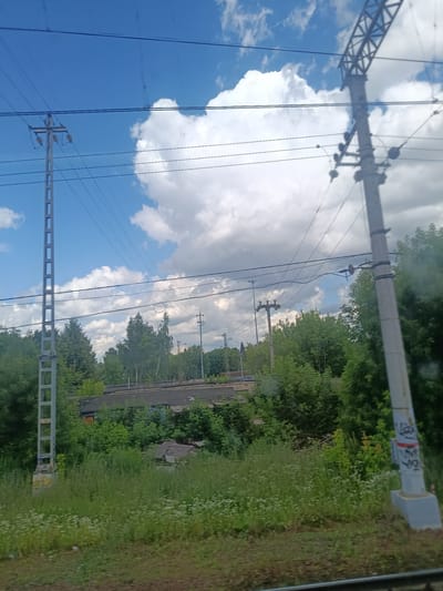 The image shows a view from a moving vehicle, likely a train, looking towards a landscape with power lines and vegetation. In the foreground, there are power lines stretching across the frame. Two tall, grey metal utility poles are visible, one on the left and one on the right. The pole on the left has a rectangular lattice structure, while the pole on the right is a single, thicker concrete pole with some graffiti on it.

In the middle ground, there are dense trees and bushes, with some buildings or structures partially visible behind them. The buildings appear to have dark, flat roofs and are somewhat obscured by the foliage. The vegetation is lush and green, indicating a warm season.

The background consists of a bright blue sky with fluffy white clouds. The overall impression is of a rural or semi-rural area, possibly on the outskirts of a city, with infrastructure related to power transmission. The location is identified as Минвуз Снт, Russia. There are no people visible in the image.