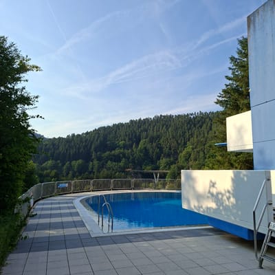This is an eye-level, medium shot of an outdoor swimming pool in Forbach, Germany. The pool is filled with bright blue water and has a silver ladder leading into it. The pool area is surrounded by a grey tiled patio and a silver metal fence. Beyond the pool, a dense, green forest covers a hillside. The sky above is a clear blue with a few wispy white clouds and contrails from an airplane. The sun appears to be shining, casting shadows of leaves on the pool's edge. The scene suggests a warm, pleasant day, likely in the late morning or early afternoon given the angle of the shadows. There are no people visible in the image, giving a sense of tranquility and peacefulness. A small blue sign is attached to the fence, but the text is too small to read.