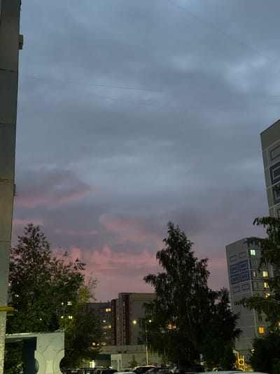 This media file captures a twilight scene with buildings, trees, and a cloudy sky. The composition is oriented vertically, with the sky occupying the majority of the frame. The sky displays a gradient of colors, transitioning from a muted gray on the left to soft pink and purple hues on the right, suggesting sunset or sunrise. Wispy clouds are scattered throughout, with some appearing denser and more illuminated by the fading light.
In the upper portion of the image, the facades of apartment buildings are visible. One building on the left, with a lighter color, features a grid-like pattern of dark rectangles. Another building on the right, darker in tone, has numerous windows illuminated with warm yellow light, indicating that it is inhabited. The perspective is looking upwards, creating a sense of height and scale.
Green trees with dense foliage are interspersed between the buildings and the sky. Their branches are silhouetted against the sky, with some leaves appearing illuminated by the ambient light. The overall atmosphere is calm and perhaps a little melancholic, typical of twilight in an urban environment.
At the bottom of the frame, a portion of a building's roof or exterior wall is visible, featuring a textured surface. A thin, wavy line, possibly a wire or string, is suspended in the sky, adding a subtle detail to the scene. There is no visible text in the media file. The time of day is clearly twilight, and the weather appears to be overcast with some atmospheric color. The location cues, such as the architectural style of the buildings and the mention of Nizhnekamsk, Russia, place the scene in an urban residential area.