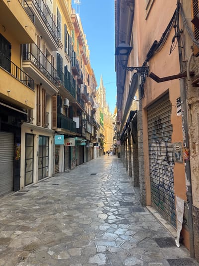 The image depicts a narrow, cobblestone street in the city of Palma, Spain, lined with multi-story buildings. The buildings feature a mix of architectural styles, with balconies, shutters, and shopfronts visible. The street is relatively empty, with a few people walking in the distance. The shops on the left side of the street have metal shutters, suggesting it might be early morning or late evening. The buildings on the right are adorned with electrical wires and a street lamp. In the background, a Gothic-style cathedral spire rises above the rooftops, indicating the historic nature of the location. The sky is clear and blue.