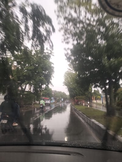 The image shows a blurry, rain-slicked street in what is likely Santan, Indonesia, on an overcast day. The motion blur suggests the photo was taken from a moving vehicle. Two people are visible on a scooter in the foreground, with the rider wearing a dark jacket and the passenger in a dark top. The scooter has a license plate that reads "B185 AP". In the mid-ground, another person on a scooter wearing a bright green raincoat is visible, as well as a white car. Trees line the street on both sides, their leaves appearing lush and green despite the rain. The wet asphalt reflects the sky and surrounding elements, creating a shimmering surface. A concrete curb separates the road from a grassy area with some small pink flowers. Buildings are visible in the distance, and a blue sign with some text is mounted on a pole. The overall impression is one of a common rainy day scene in a tropical urban environment.