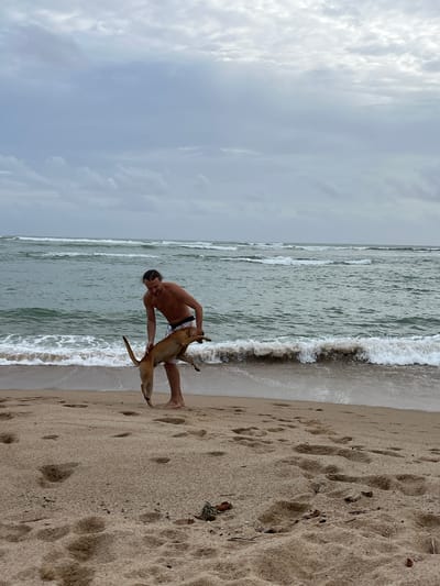 A man, shirtless and wearing dark swim trunks, is on a sandy beach, holding a tan dog by its front legs, lifting it off the ground. The dog appears to be in mid-air, with its hind legs extended. The man has his hair pulled back in a bun. They are standing near the waterline where waves are breaking on the shore. The ocean is a muted green-gray, and the sky is overcast with visible clouds. The sand is light brown and shows footprints. In the distance, there are multiple lines of waves and a few rocky outcroppings visible in the ocean. The location is identified as Batawala, Sri Lanka.
